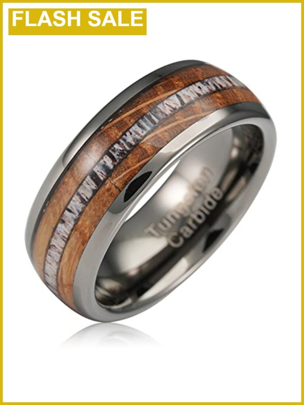 Tungsten Carbide Wedding Band Whiskey Barrel Wood Elk Antler Inlay 8mm Ring